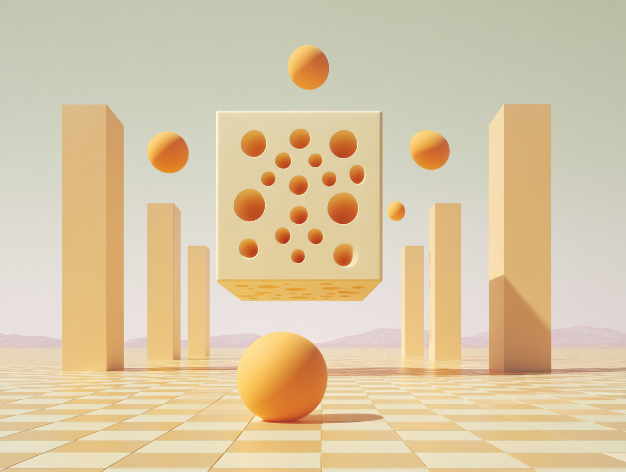 Disque perforé suspendu au-dessus d'un socle, sphères disposées en dessous, dalles rectangulaires en recul, deux obélisques encadrant une place vide