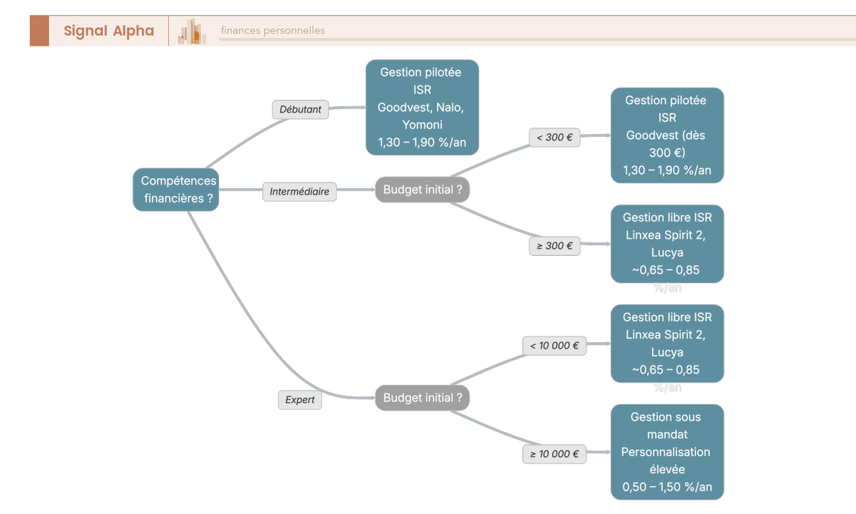 Arbre de décision à trois niveaux guidant le choix entre gestion libre ISR, gestion pilotée ISR et gestion sous mandat selon budget, compétences et autonomie.