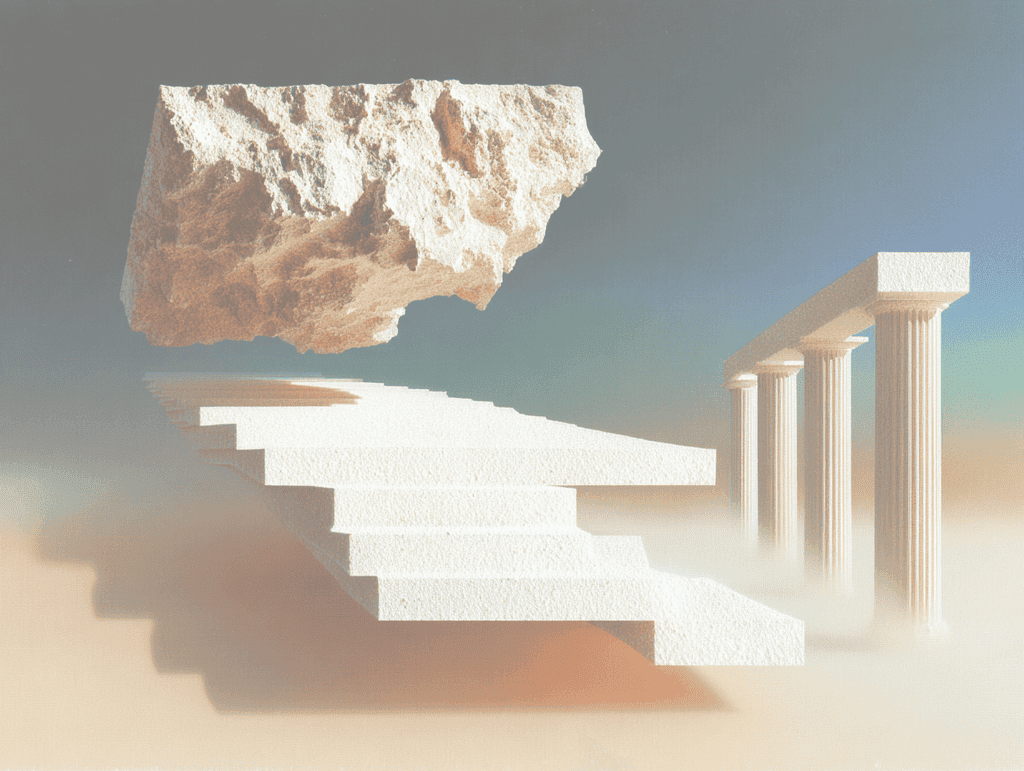 Composition 3D minimaliste : escalier blanc au centre, trois colonnes classiques à droite, bloc de roche brute suspendu en haut à gauche, fond dégradé sable et bleu pâle.