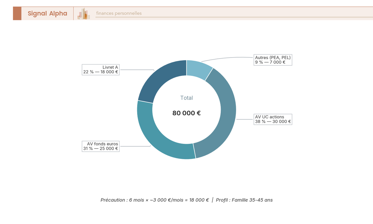 Diagramme en anneau montrant l'allocation livret A et assurance-vie pour un patrimoine de 80 000 € à 45 ans.