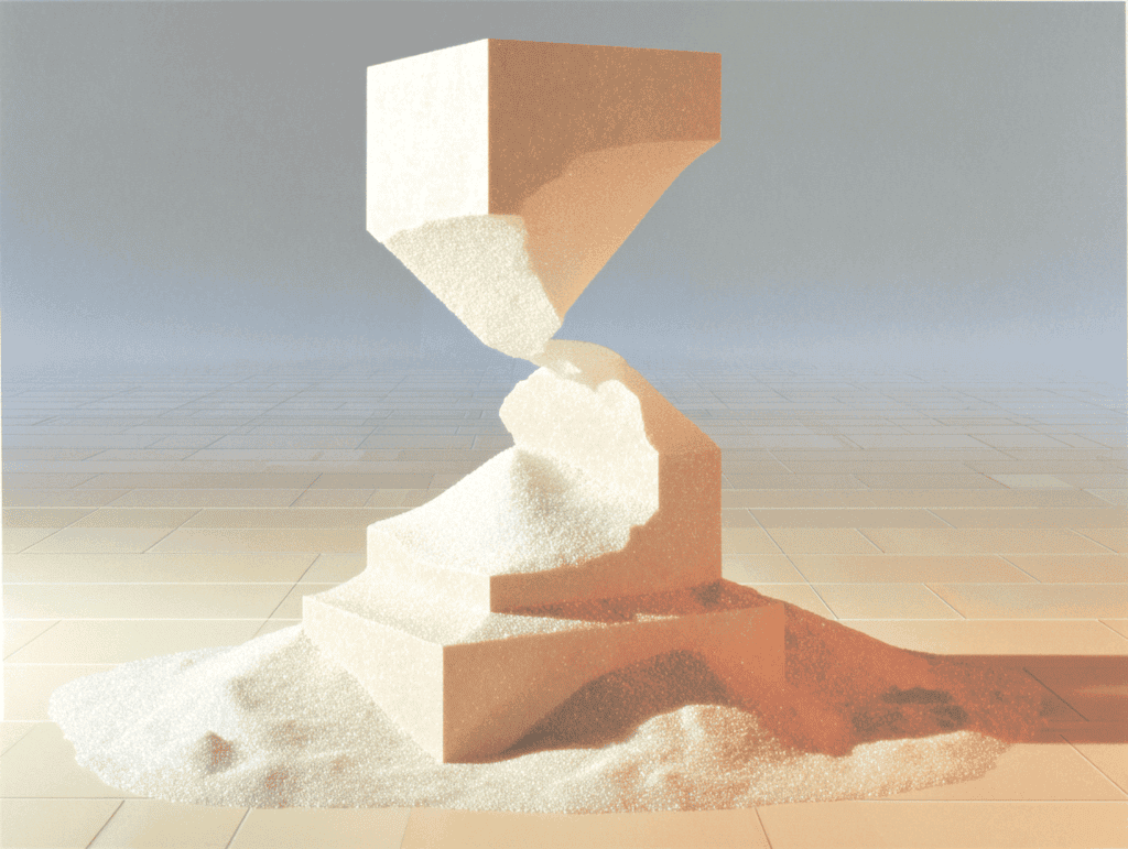 Sablier géométrique en cubes empilés couleur sable, partie centrale fendue laissant s'écouler des grains, formant un monticule à la base, fond beige hazy.