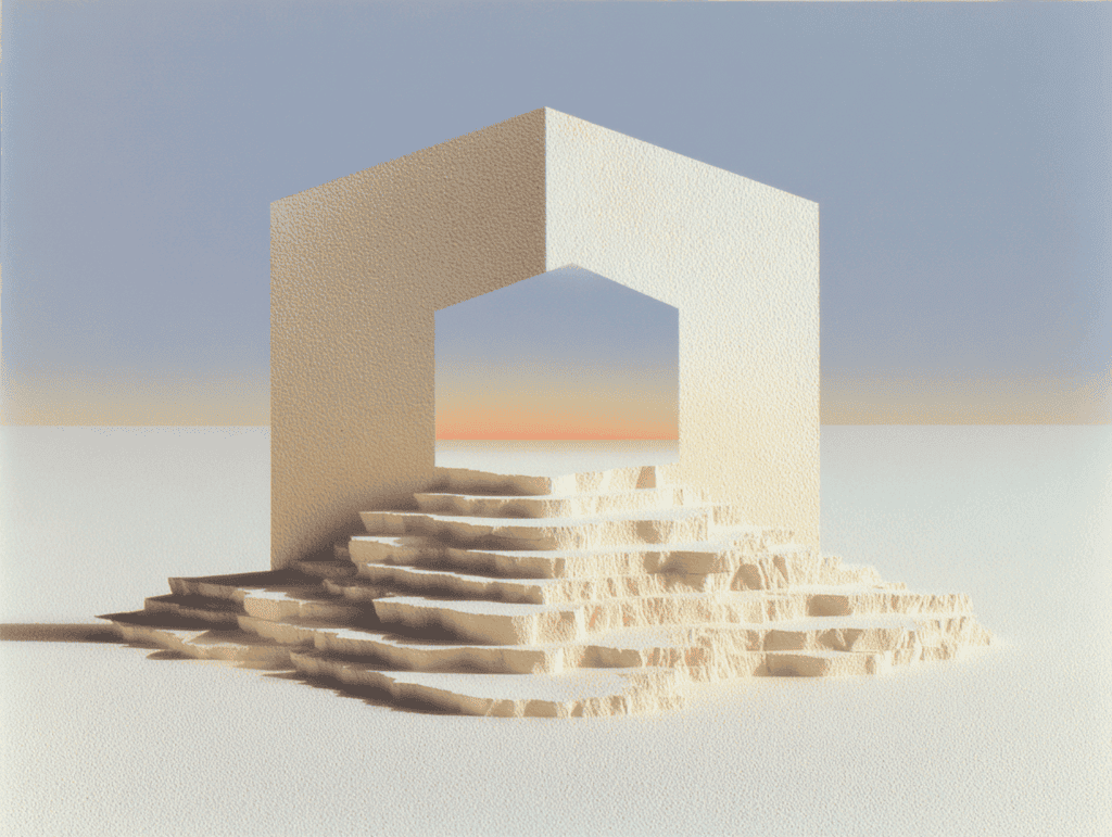 Édifice 3D beige : escaliers pyramidaux centrés, large arche rectangulaire au sommet, posé sur un sol sableux face à un horizon rose pâle.