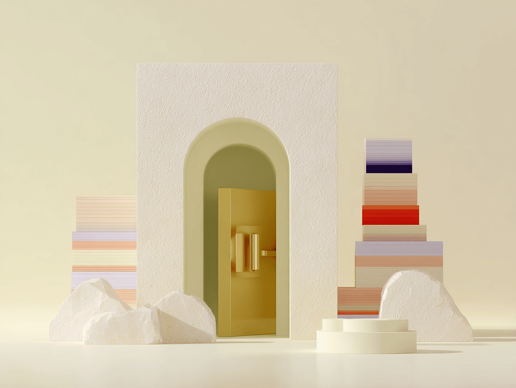 Porte dorée dans une arche beige, blocs empilés colorés et rochers blancs de chaque côté