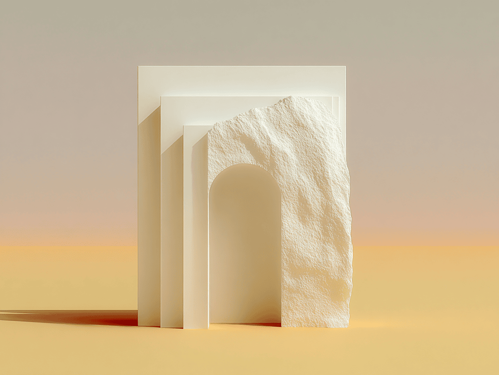 Cadres rectangulaires imbriqués en camaïeu crème, partiellement recouverts d'une dalle texturée percée d'une arche, sur dégradé sable ambré.