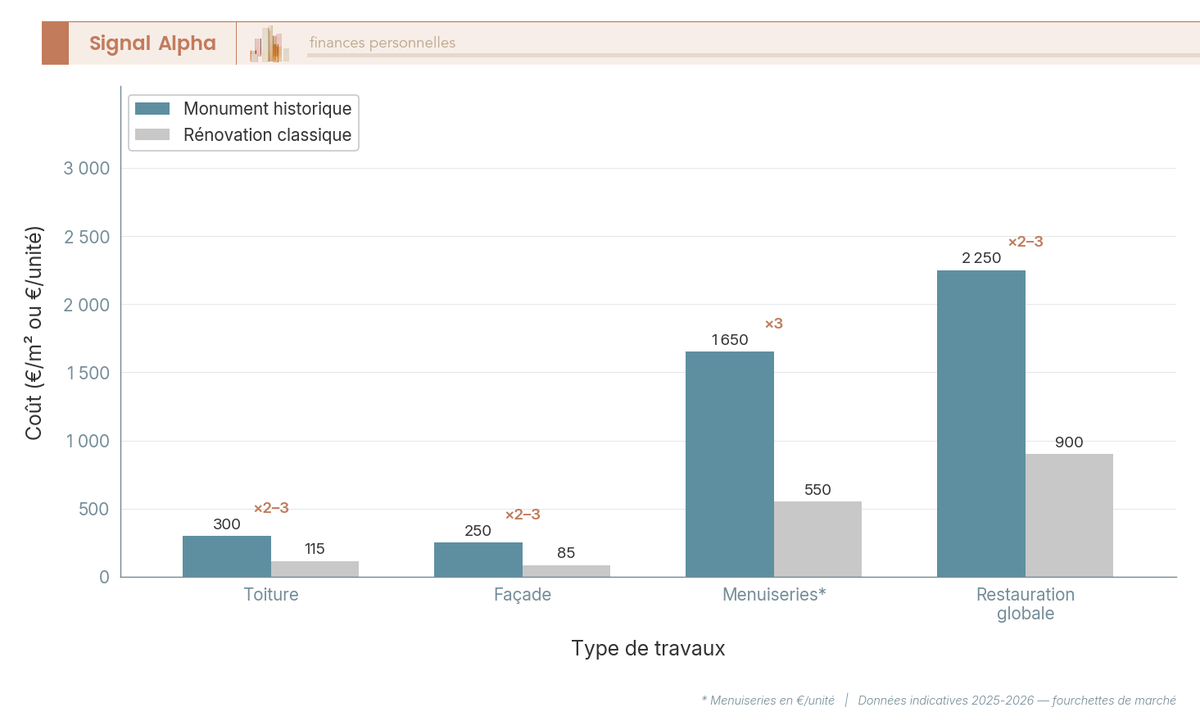Diagramme à barres groupées comparant les coûts au m² des travaux MH vs rénovation classique pour 4 types de postes (toiture, façade, menuiseries, global).