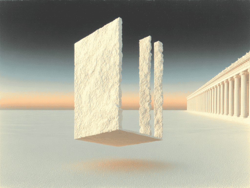 Trois dalles verticales blanches en suspension au-dessus d'une plaine sableuse, colonnade classique à droite, horizon clair en aplat beige