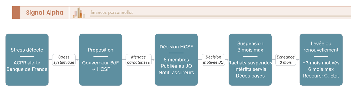 Diagramme de flux à neuf blocs séquentiels reliés par flèches, avec codage couleur gris, orange, vert et bleu, illustrant la procédure complète d'activation hypothétique de l'article 49 par le HCSF.