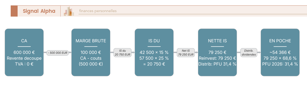 Diagramme de flux en cascade montrant le passage du chiffre d'affaires d'un marchand de biens a la marge nette puis a l'argent en poche apres IS et flat tax.
