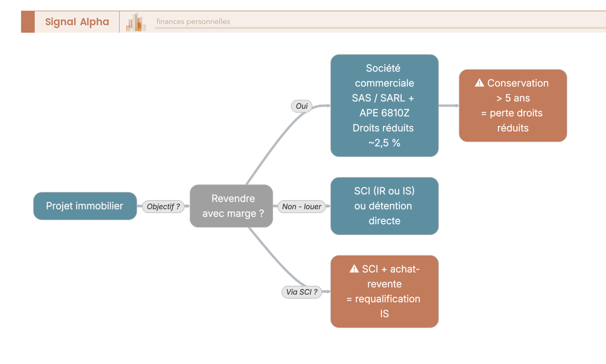 Arbre de decision distinguant SCI et societe commerciale (SAS/SARL) selon l'objectif - revendre avec marge ou conserver pour louer - et le risque de requalification.