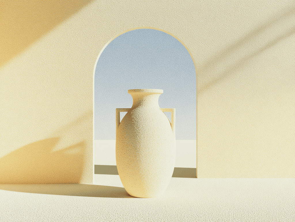 Vase en céramique mate de teinte sable, en forme d'amphore, posé au centre devant une arche ouverte sur un ciel bleu clair ; lumière diffuse chaude et ombres douces portées vers la gauche.