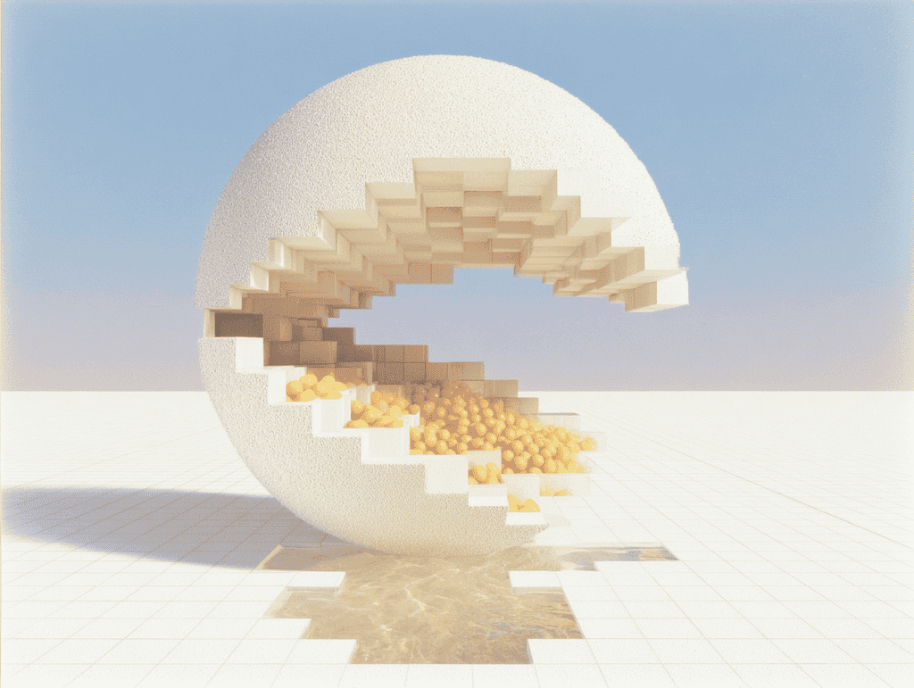 Grande sphère beige ouverte en spirale sur fond sable clair, dévoilant des blocs rectangulaires en gradins à l'intérieur et de petites billes dorées répandues à sa base.