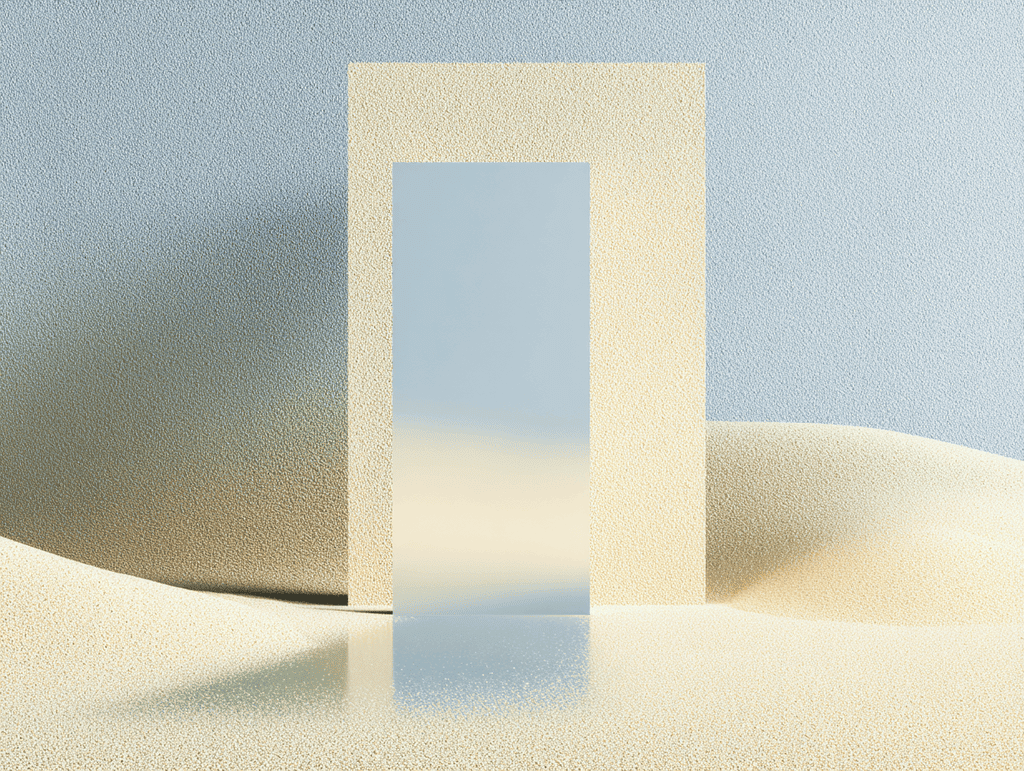 Rendu 3D minimaliste : un cadre rectangulaire ajouré beige se dresse sur une étendue de sable ondulé, projetant une ombre douce, devant un fond bleu-gris pâle.
