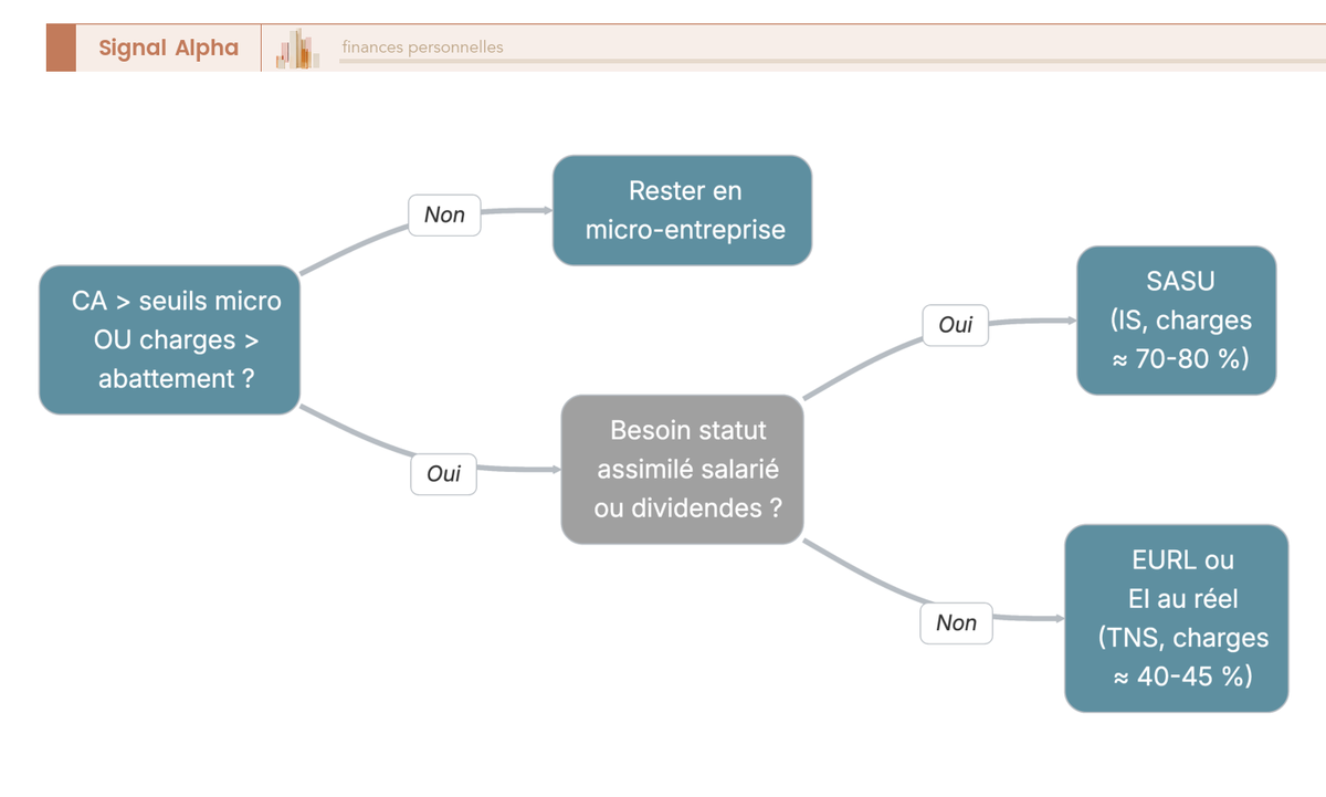 Arbre de decision pour quitter la micro-entreprise vers EURL ou SASU selon CA, charges et statut social.