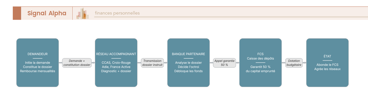 Diagramme de flux circuit microcrédit France : 5 acteurs (demandeur, réseau, banque, FCS, État) avec 6 flux annotés (demande, dossier, garantie, fonds, remboursements, accompagnement).