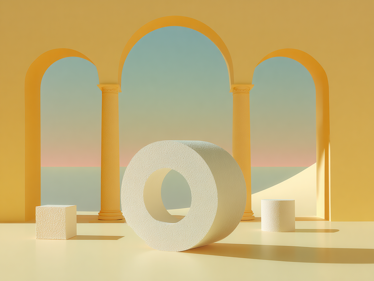 Tampon encreur cylindrique sur socle rectangulaire, trois blocs carrés en arc au premier plan, colonnade de piliers élancés en arrière-plan