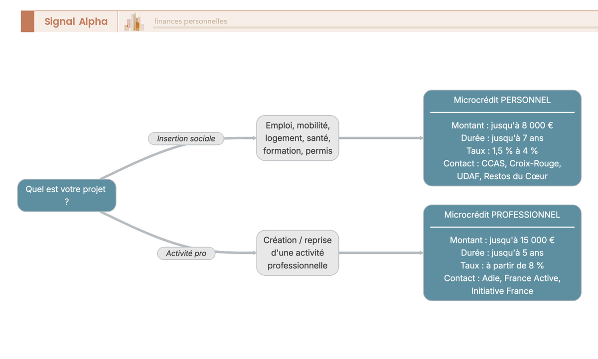 Arbre de décision microcrédit personnel vs professionnel : 3 niveaux de branchement selon nature du projet, montant et profil du demandeur.