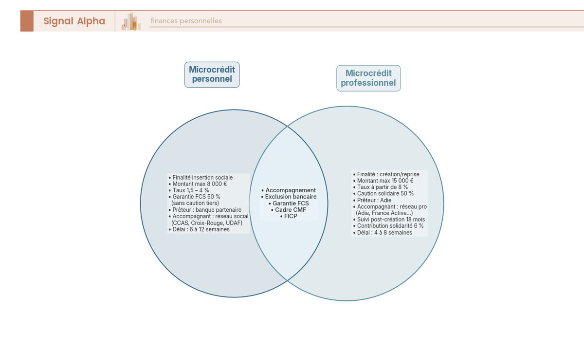Diagramme de Venn microcrédit personnel vs professionnel : zone commune (accompagnement obligatoire, exclusion bancaire, FCS) et spécificités de chaque dispositif.