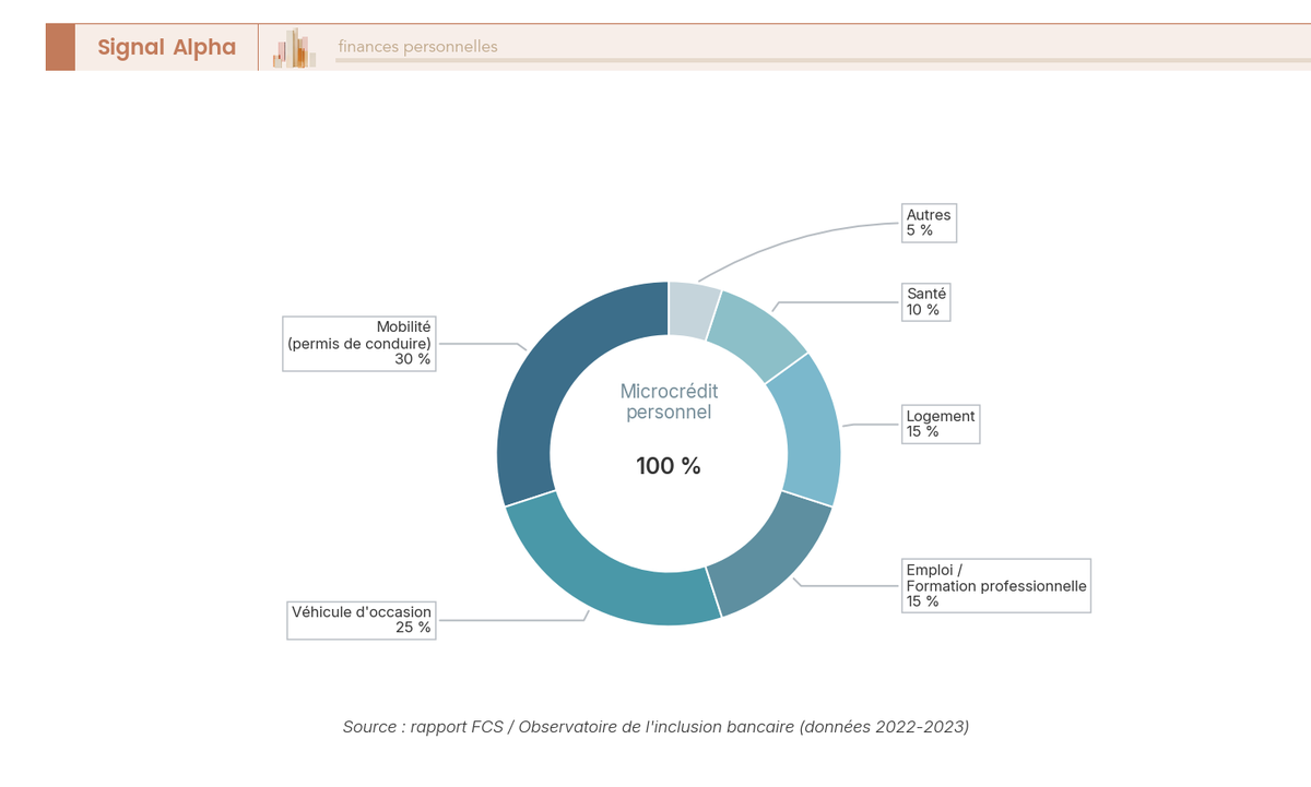 Diagramme en anneau microcrédit personnel France : 6 segments de motifs de demande — mobilité (30 %), véhicule (25 %), emploi/formation (15 %), logement (15 %), santé (10 %), autres (5 %).