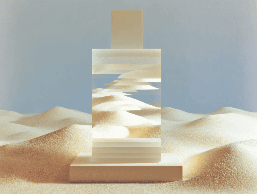 Flacon vertical à parois segmentées en strates horizontales irrégulières, posé sur un socle rectangulaire devant des dunes de sable beige sous un ciel clair.