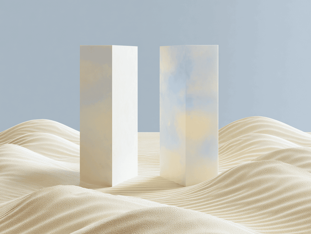 Deux blocs rectangulaires verticaux posés sur des dunes de sable ondulé ; celui de gauche blanc mat, celui de droite à la surface nacrée aux reflets bleus et pêche, sur fond gris-bleu clair.