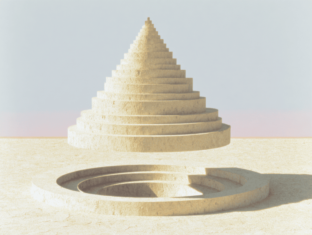 Cône beige à nombreux gradins concentriques sur socle circulaire, voisinant un puits creusé dans un sol sableux, ciel rose pâle, composition centrée.