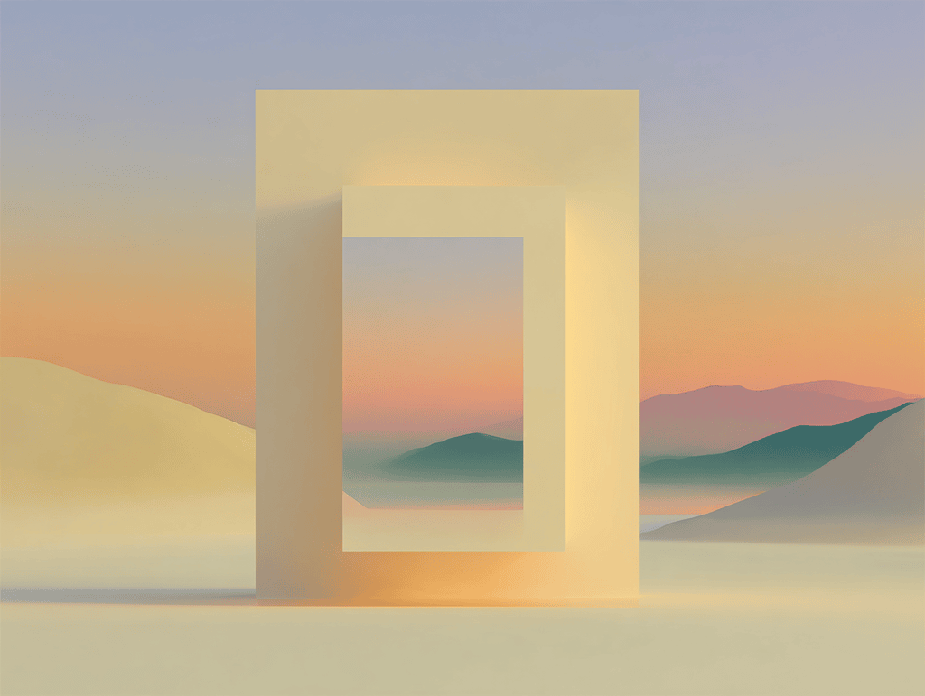Cadre rectangulaire beige posé sur un sol clair, encadrant un paysage de collines bleuâtres et un ciel dégradé orange-rosé, avec des dunes sable et turquoise de chaque côté