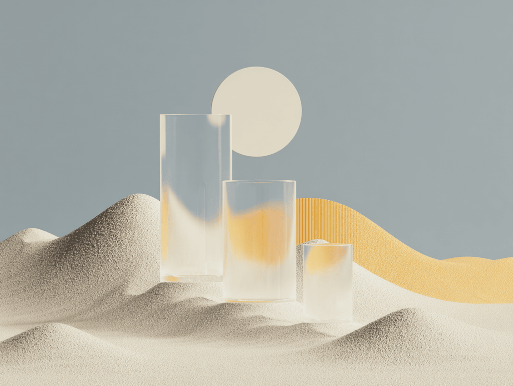 Trois blocs de verre dépoli verticaux, de hauteurs croissantes, posés sur des dunes de sable beige devant un disque clair et une courbe dorée, sur fond gris-bleu.
