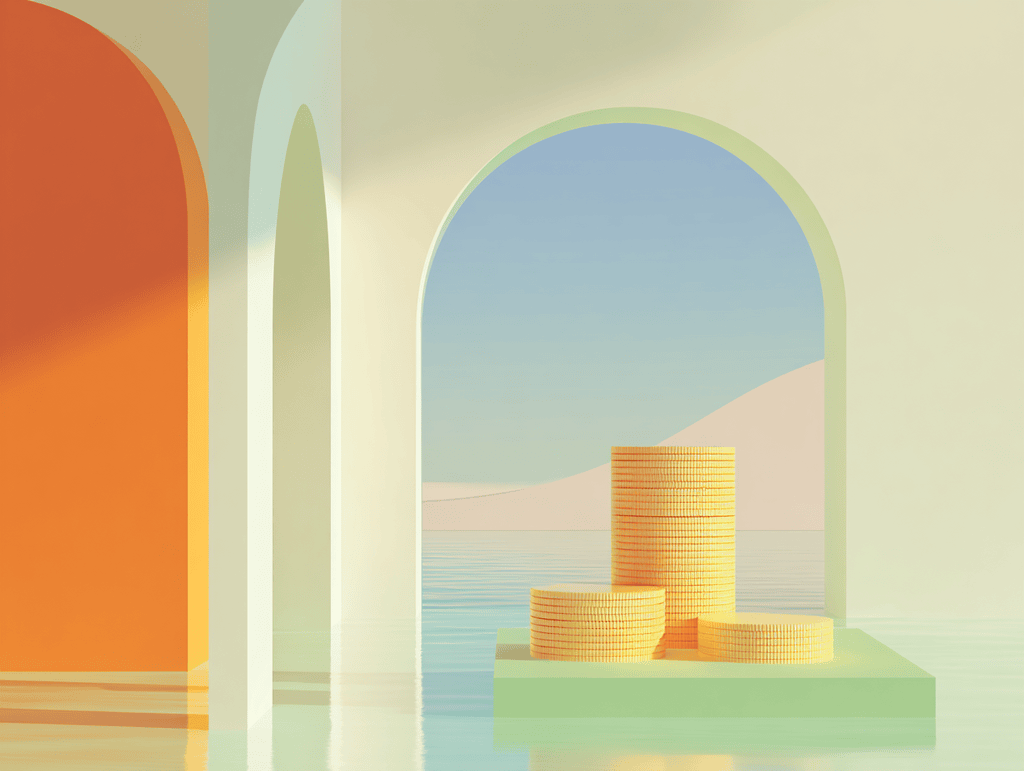 Piles de pièces dorées sur un socle vert sous deux arches colorées orange et verte
