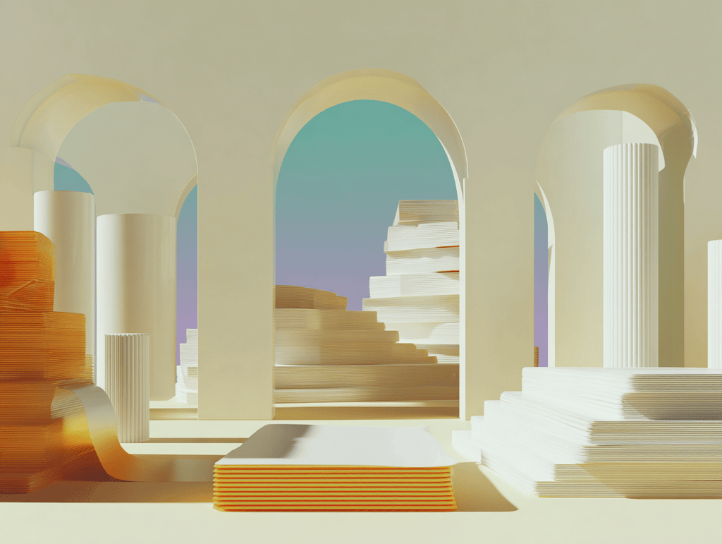 Arches multiples blanches avec escaliers entrelacés, bloc doré au premier plan, ciel bleu dégradé en arrière-plan