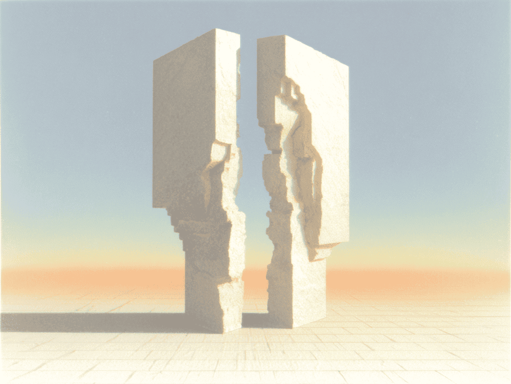 Deux blocs blancs verticaux en relief 3D, accolés et séparés par une fente irrégulière, posés sur un sol sableux dégradé du beige au bleu pâle.