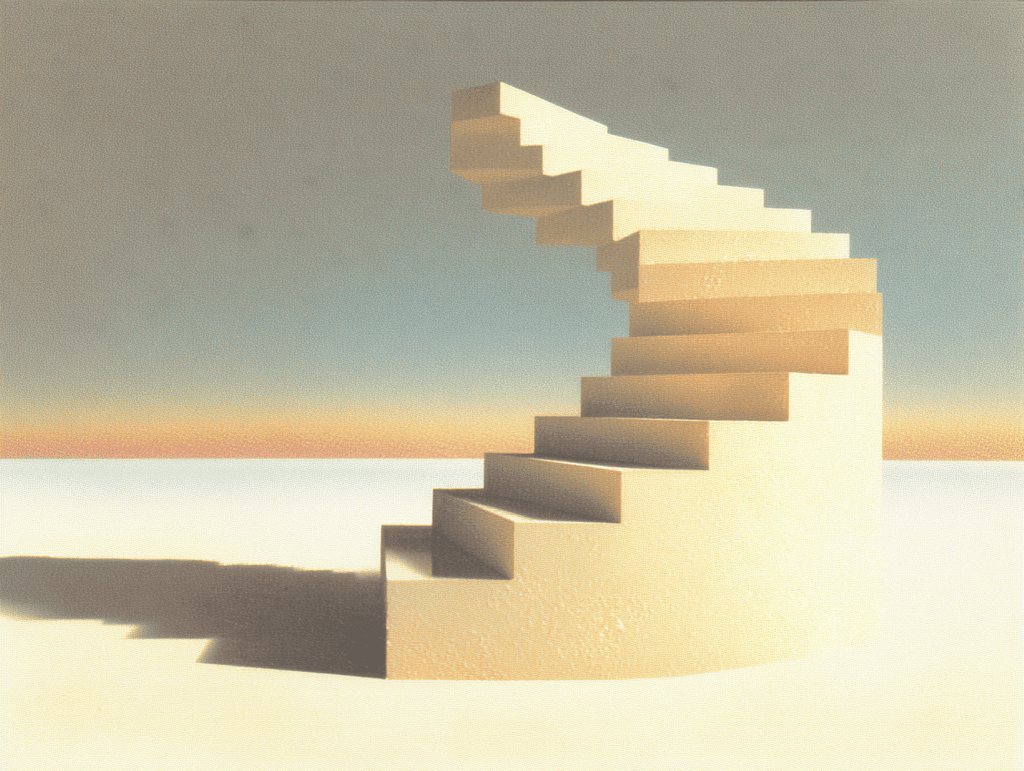 Escalier en colimaçon en pierre claire montant en spirale ascendante au centre d'une étendue sableuse, sous un ciel beige traversé d'une fine ligne d'horizon.