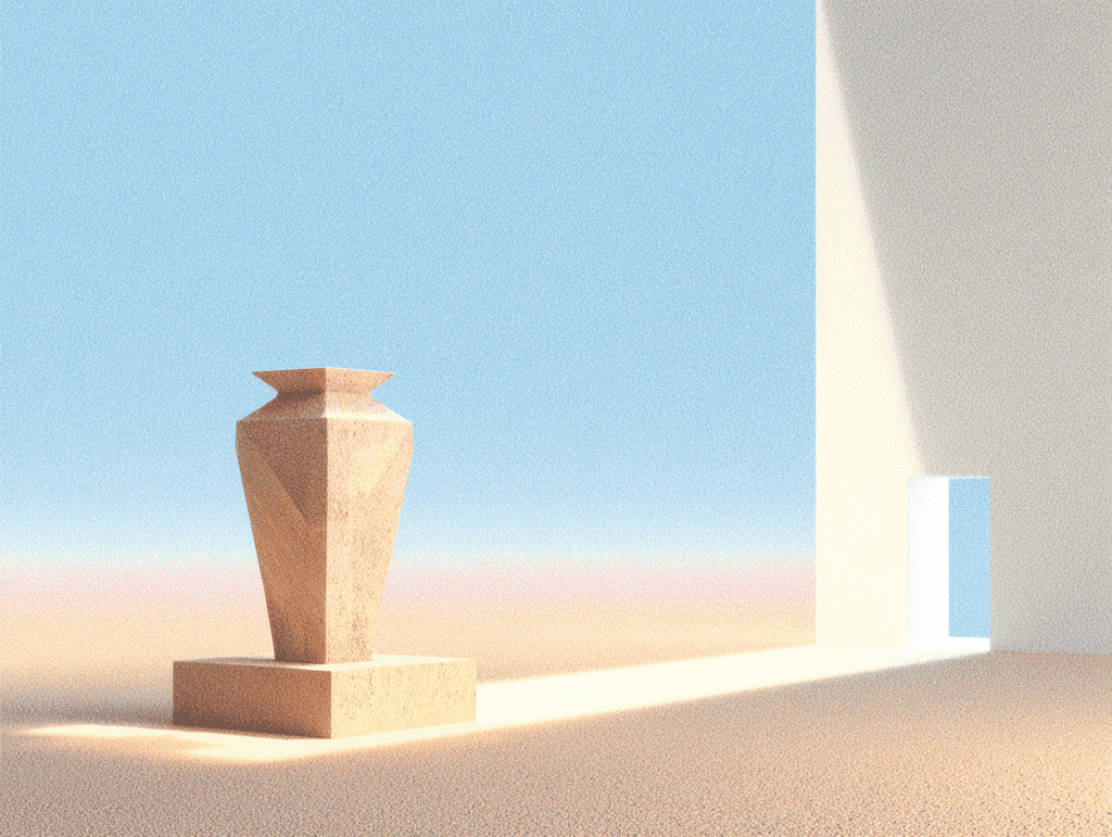 Urne facettée beige sur un socle rectangulaire, dans un paysage de sable. Mur blanc vertical à droite projetant une longue ombre. Ciel bleu pâle uniforme.