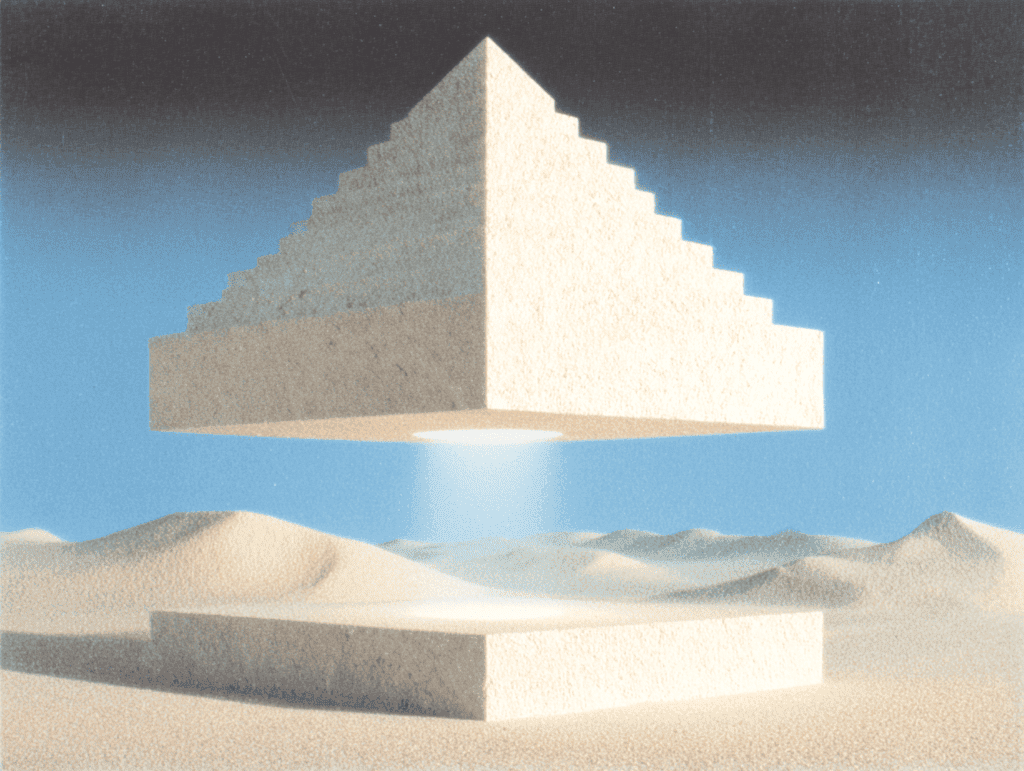 Pyramide à degrés crème suspendue au-dessus d'une dalle rectangulaire, posée sur des dunes claires sous un ciel bleu nuit, halo lumineux entre les deux volumes.