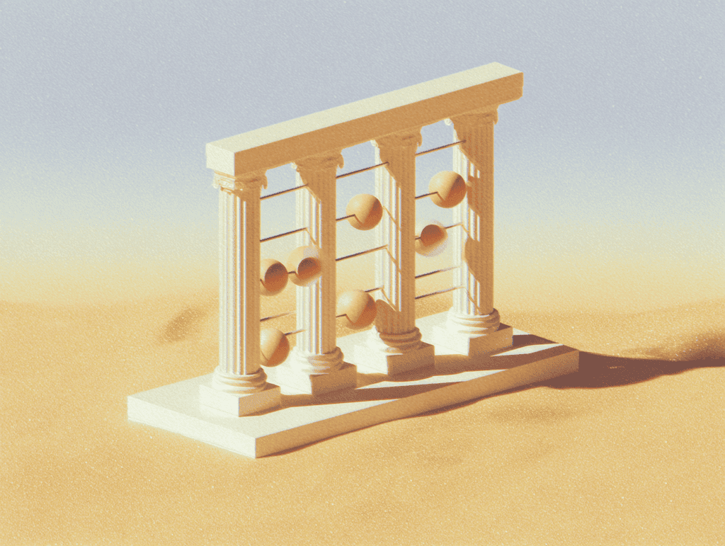 Petit temple miniature en pierre claire à trois colonnes posé sur une dune de sable, ouvertures circulaires entre les piliers, lumière chaude et fond uniformément beige.