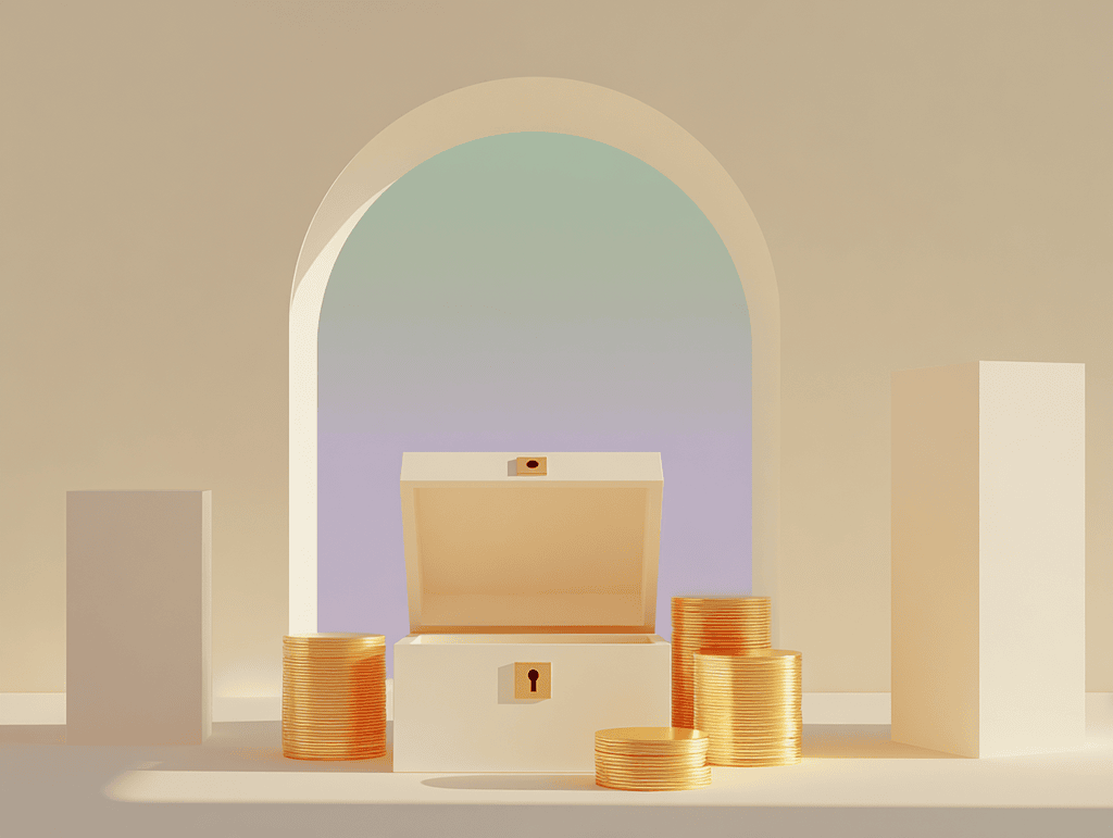 Coffret doré ouvert et cylindres dorés sous une arche blanche, panneaux rectangulaires sur fond beige