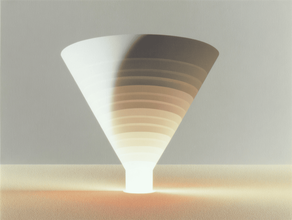 Cône évasé à parois striées de bandes horizontales, du blanc crème en haut vers un sable chaud à la base, suspendu au-dessus d'un sol beige clair.