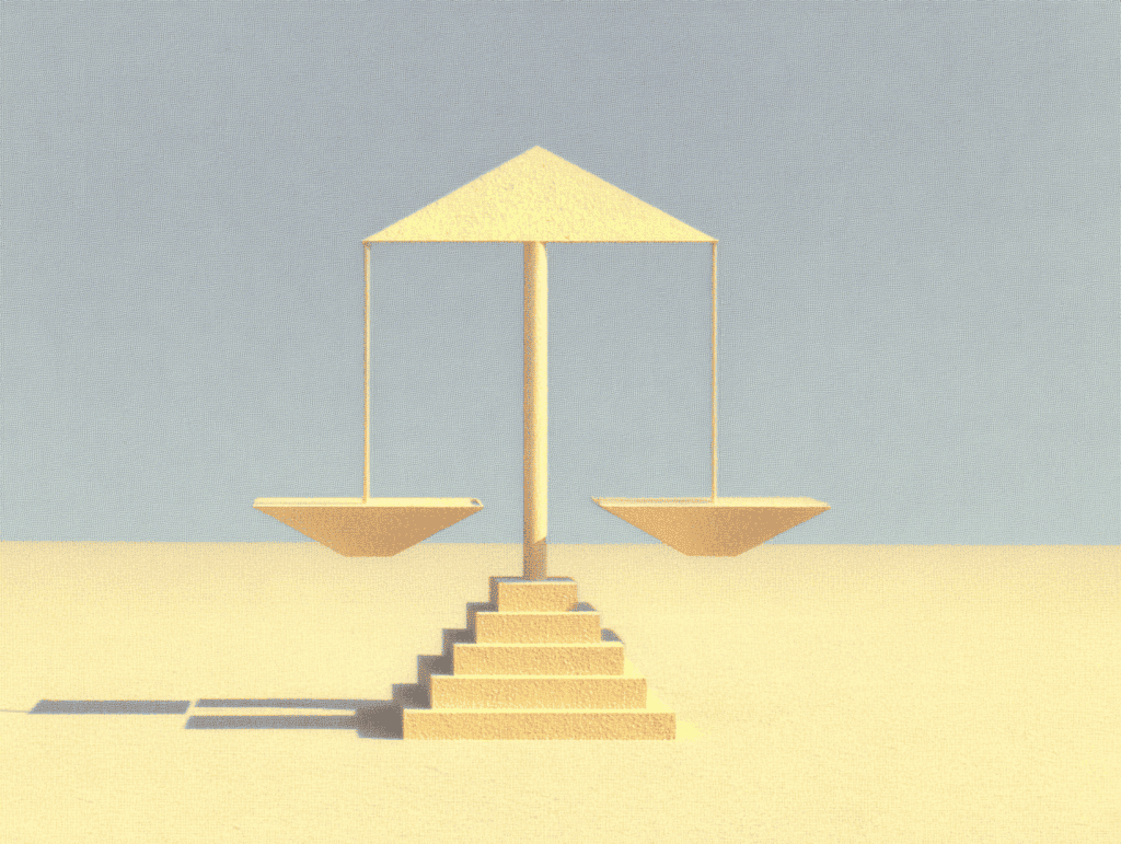 Balance à plateaux ronds suspendus à une charpente triangulaire, juchée sur un petit escalier à trois marches au centre d'une plaine sableuse beige sous un ciel gris pâle.