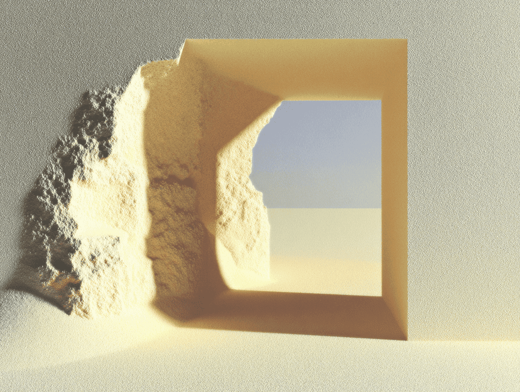 Cube sableux beige érodé sur la gauche, percé d'une ouverture carrée nette, posé sur un plan désertique uniforme, ciel bleu clair visible à travers l'ouverture.