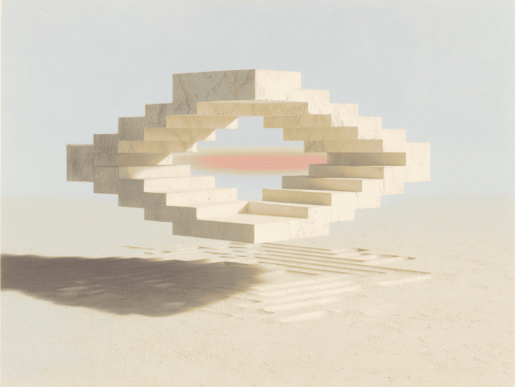 Sculpture pixélisée beige en forme de losange creux à degrés escaliers, traversée par un fil horizontal rosé, posée au-dessus d'un sol sableux ondulé sous un horizon clair.