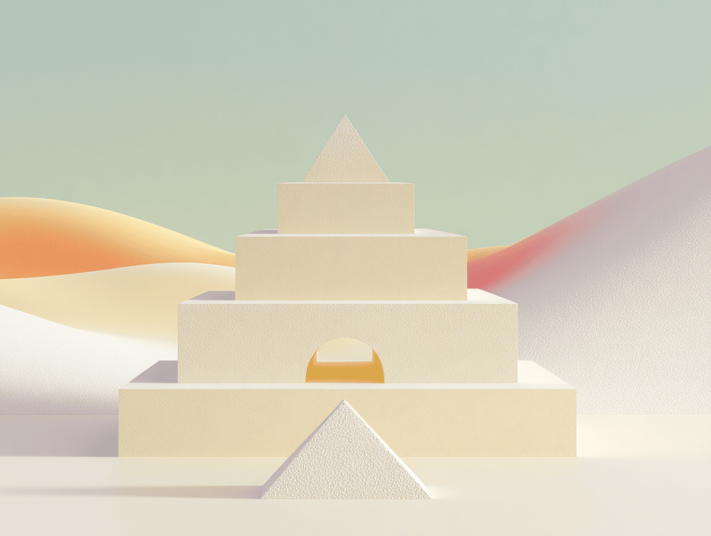 Pyramide à gradins beige avec ouverture dorée au centre, petite pyramide blanche au premier plan