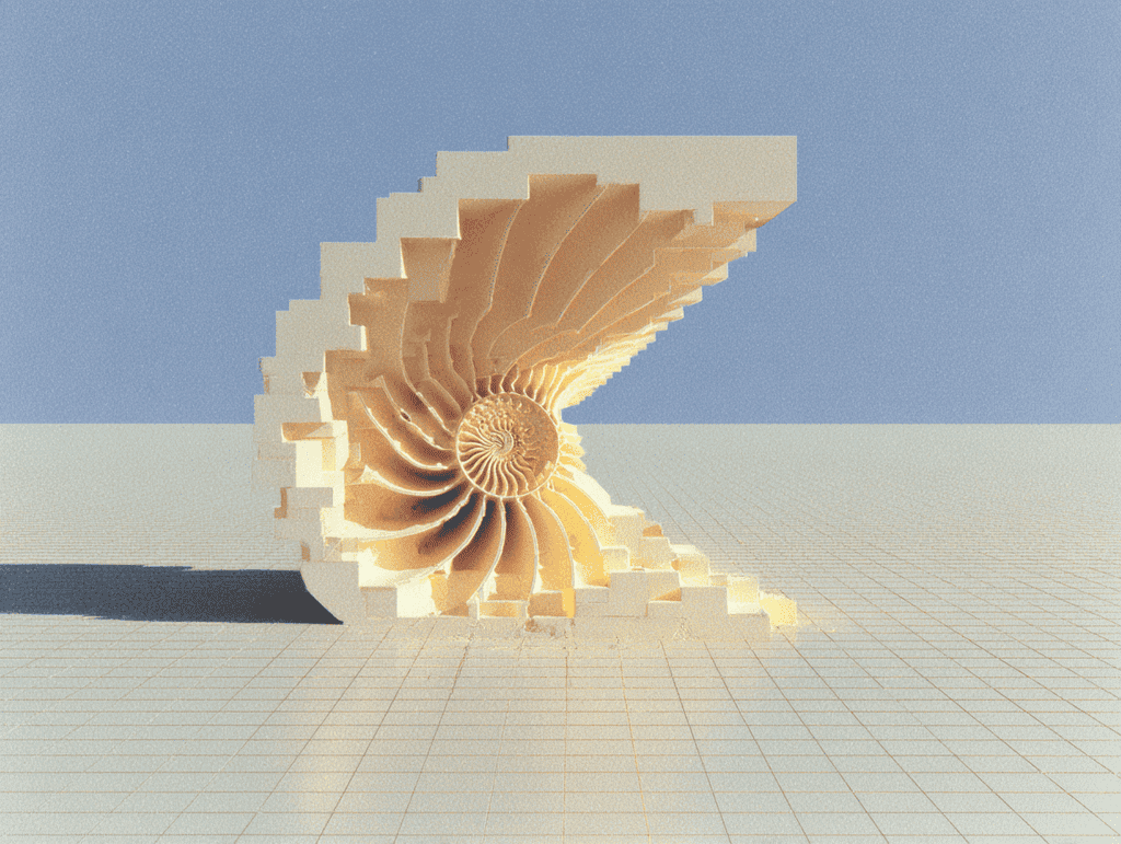 Coquille nautile 3D composée de blocs rectangulaires empilés en spirale, teintes ivoire et beige, posée sur un sol quadrillé sable, fond bleu pâle, ombre allongée vers la droite.