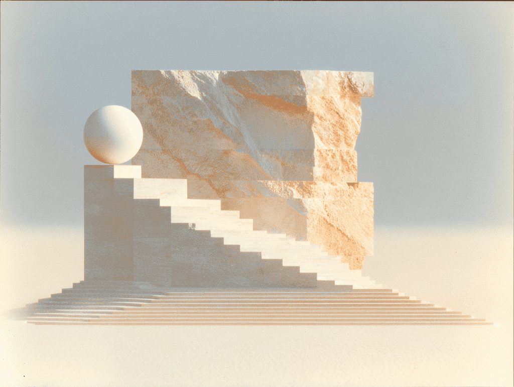 Composition 3D minimaliste beige : une sphère blanche posée en haut d’un escalier pâle qui monte vers un bloc de pierre rectangulaire texturé, sur fond sableux brumeux aux ombres douces.