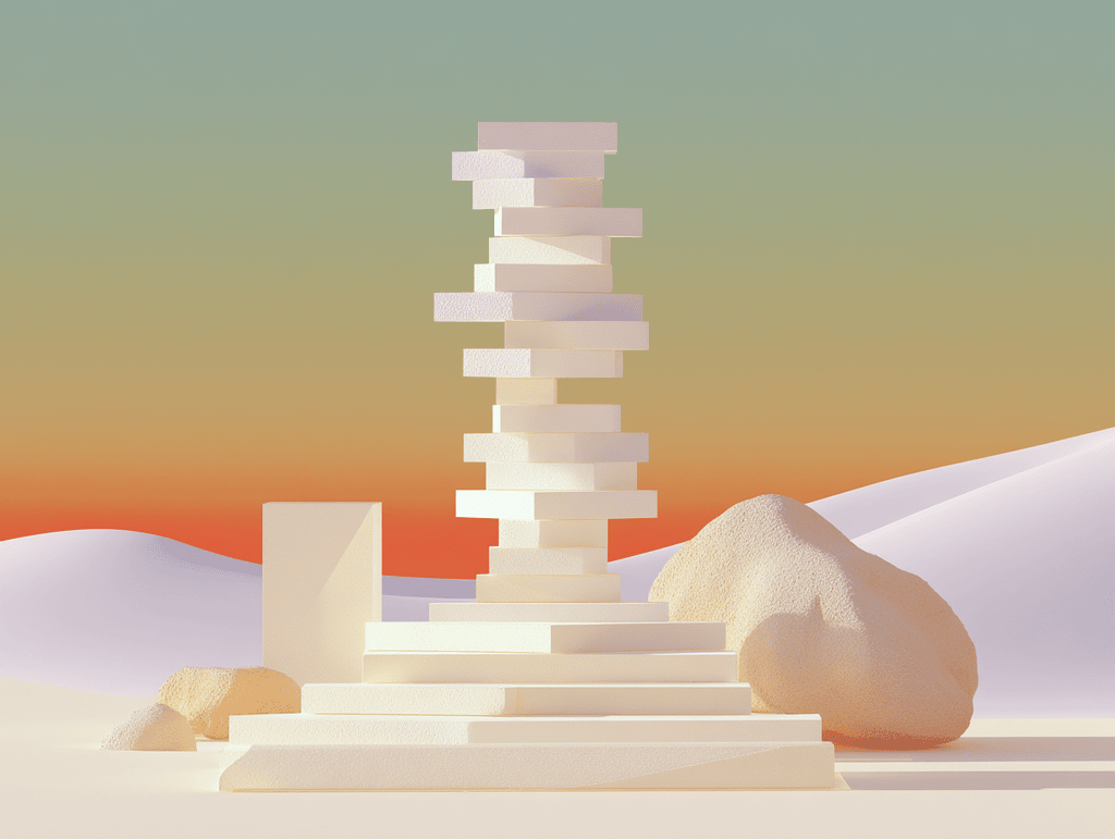 Tour de blocs blancs empilés en spirale sur des marches, rocher arrondi à droite, dunes et ciel dégradé en fond