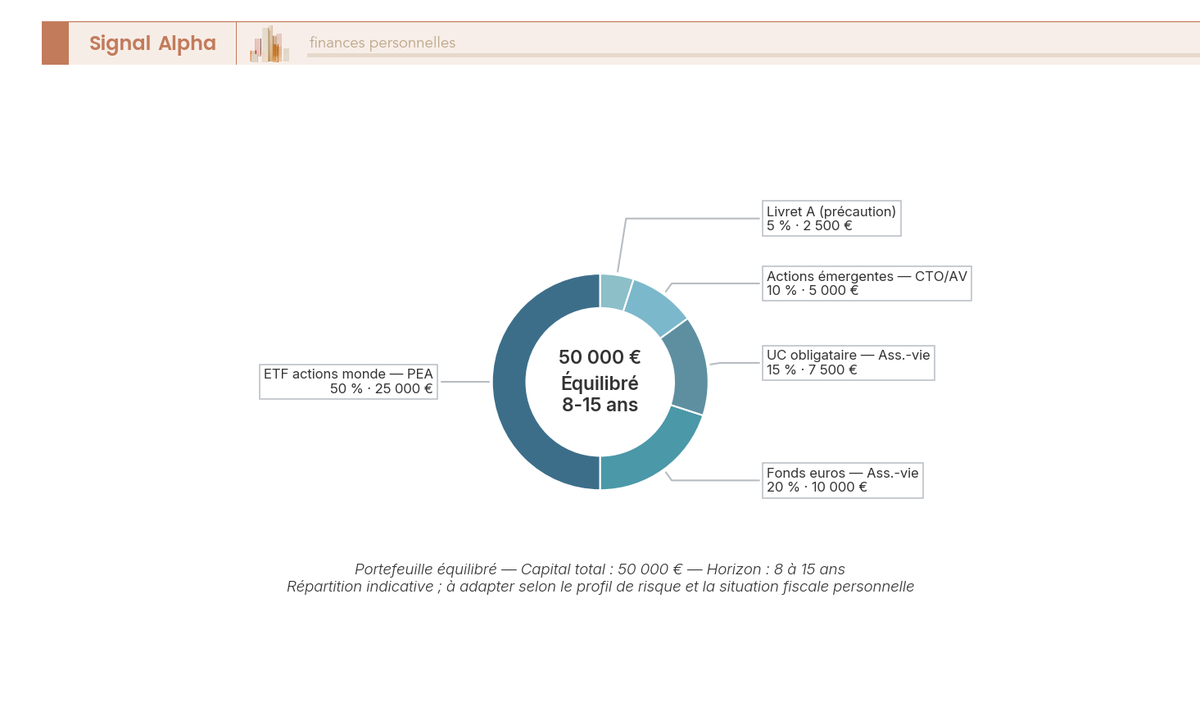 Diagramme en anneau présentant l'allocation cible d'un portefeuille équilibré de 50 000 € sur cinq segments par classe d'actifs et par enveloppe.