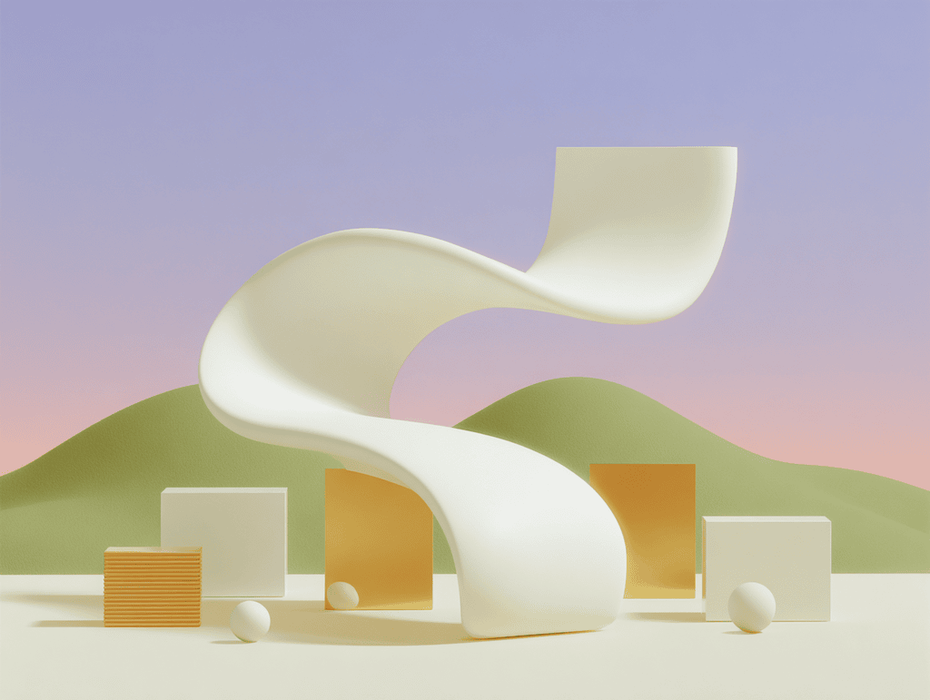 Ruban blanc sculptural en S au-dessus de cubes et panneaux dorés, collines vertes et ciel violet-rose en arrière-plan