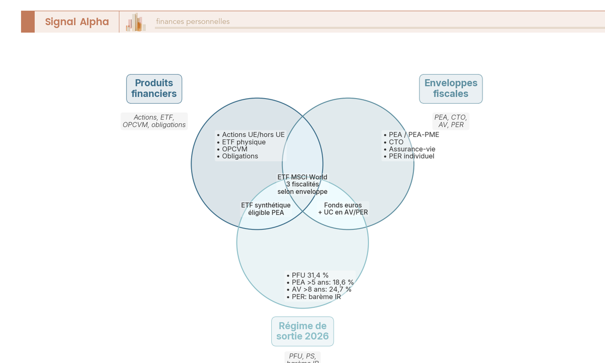 Diagramme de Venn à trois cercles montrant l'intersection produits financiers, enveloppes fiscales et régimes de sortie fiscale 2026.