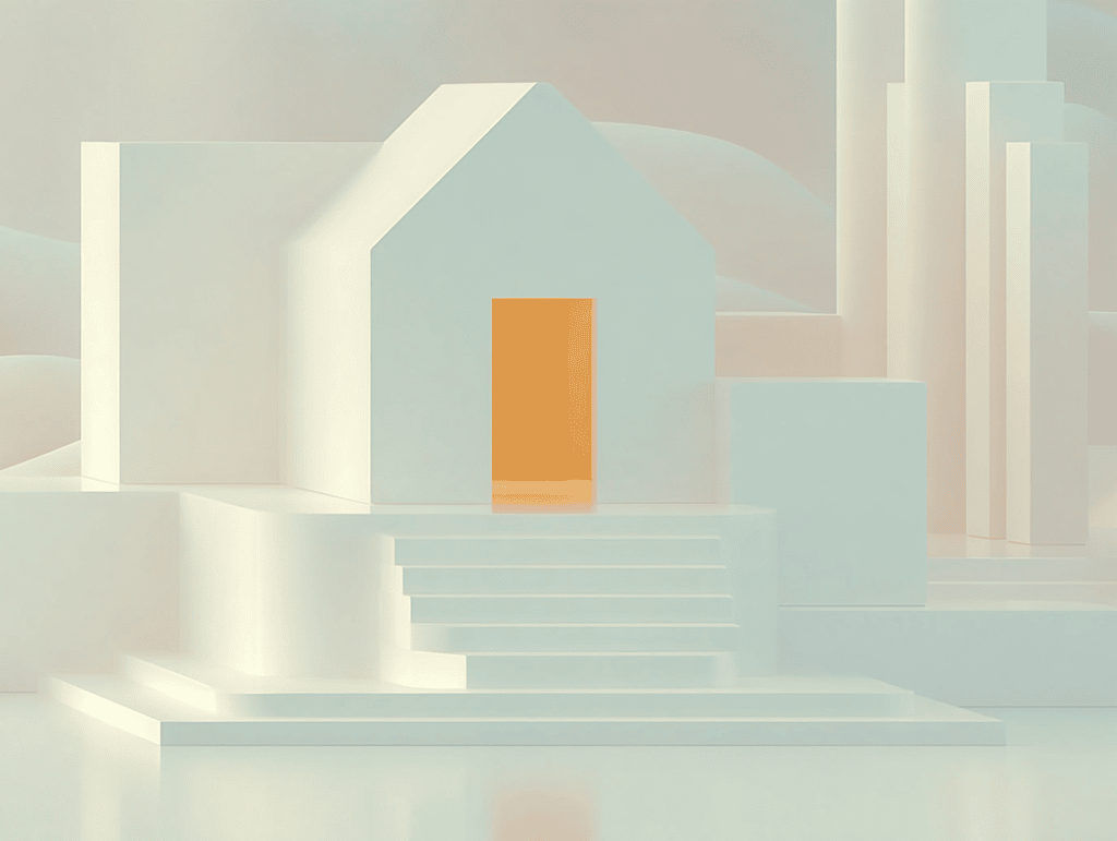 Maison stylisée blanche avec porte orange et escaliers, formes géométriques épurées sur fond pastel