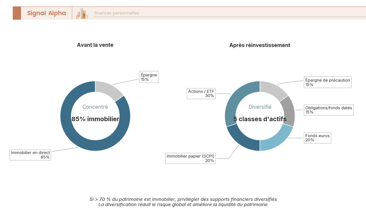Deux diagrammes en anneau : patrimoine concentré sur l'immobilier avant la vente, contre patrimoine diversifié en cinq classes d'actifs après.