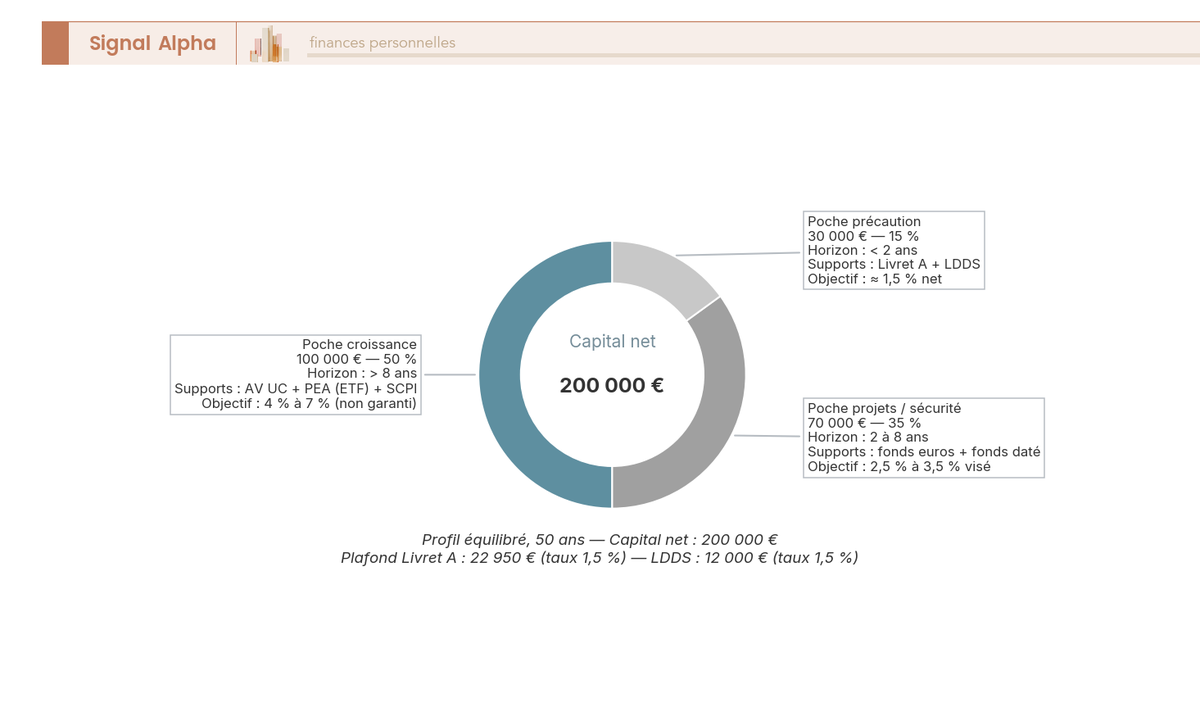 Diagramme en anneau : répartition d'un capital net de 200 000 € en trois poches d'horizon, précaution, projets et croissance.