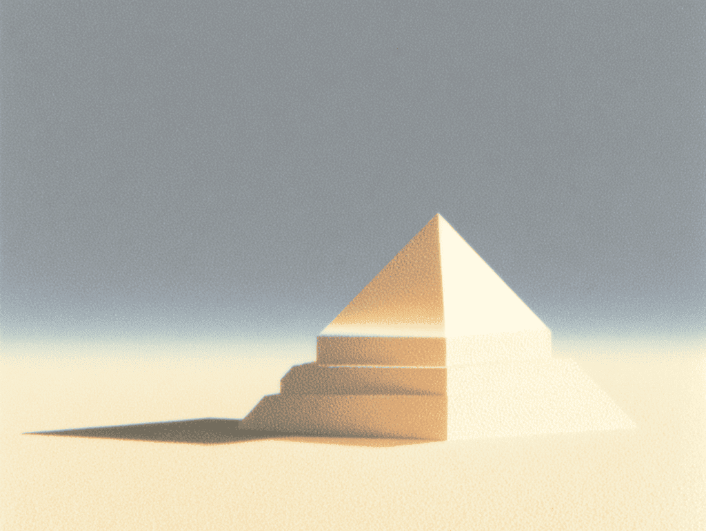 Pyramide beige clair à arêtes nettes, posée sur un sol sableux, accompagnée d'un escalier en gradins à sa gauche, sur fond uni dégradé du gris-bleu au crème.